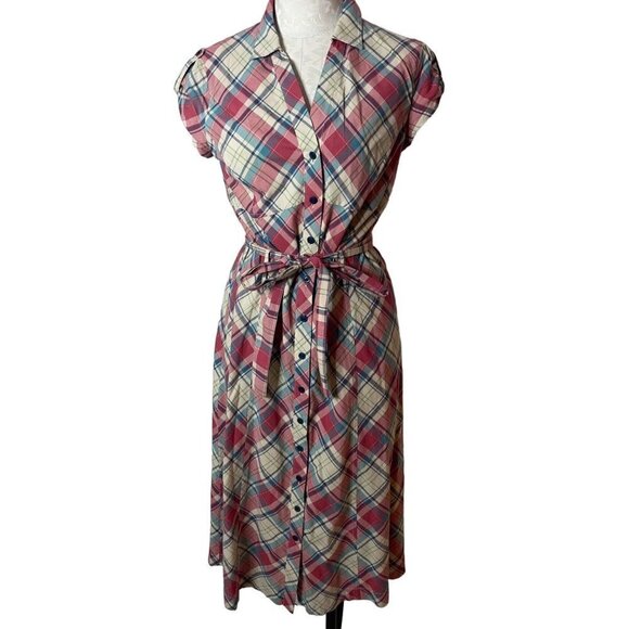 J Peterman Vintage Midi Dress Size 6 Pink Blue Cream Plaid Cotton Matching Belt - Picture 1 of 15